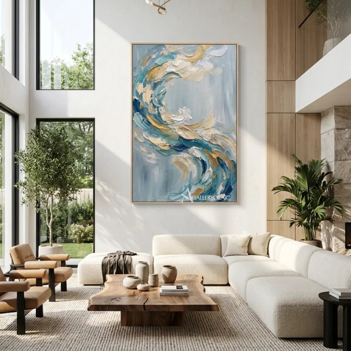 Textured-3D-curling-abstract-wave-blue-wall-art-in-double-height-room
