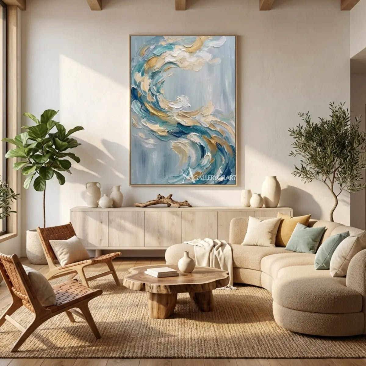 Textured-3D-curling-abstract-wave-blue-wall-art-in-gathering-space
