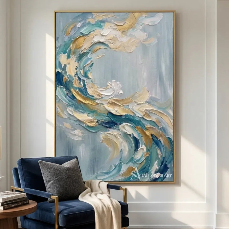 Textured-3D-curling-abstract-wave-blue-wall-art-in-reading-corner