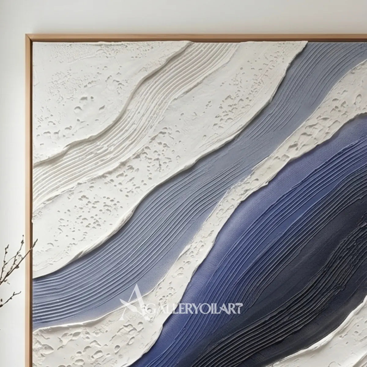 flowing raised bands sweeping diagonally across the canvas in blue and ivory textured 3d art wall art in a lounge setting