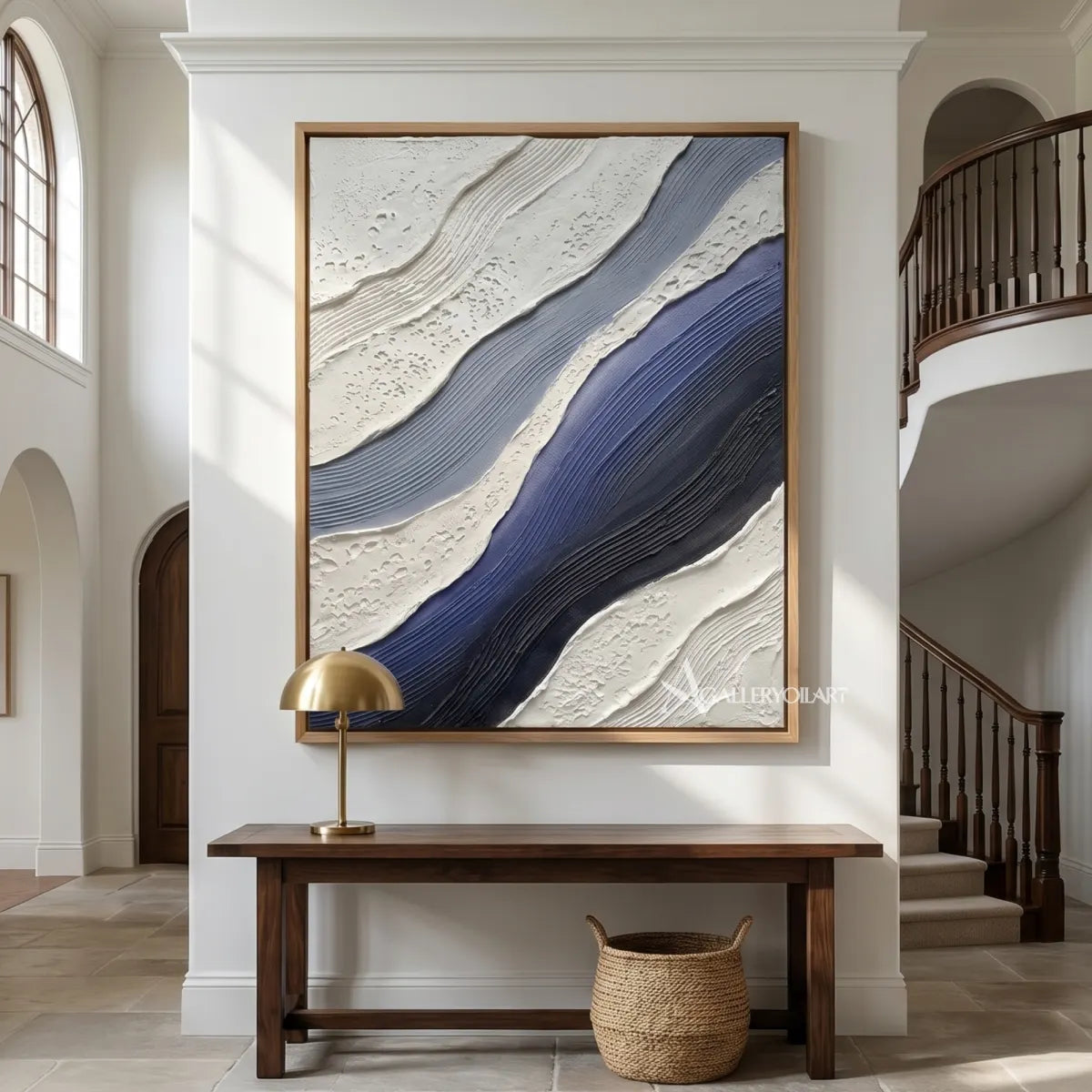 flowing raised bands sweeping diagonally across the canvas in blue and ivory textured 3d art wall art in a modern interior setting