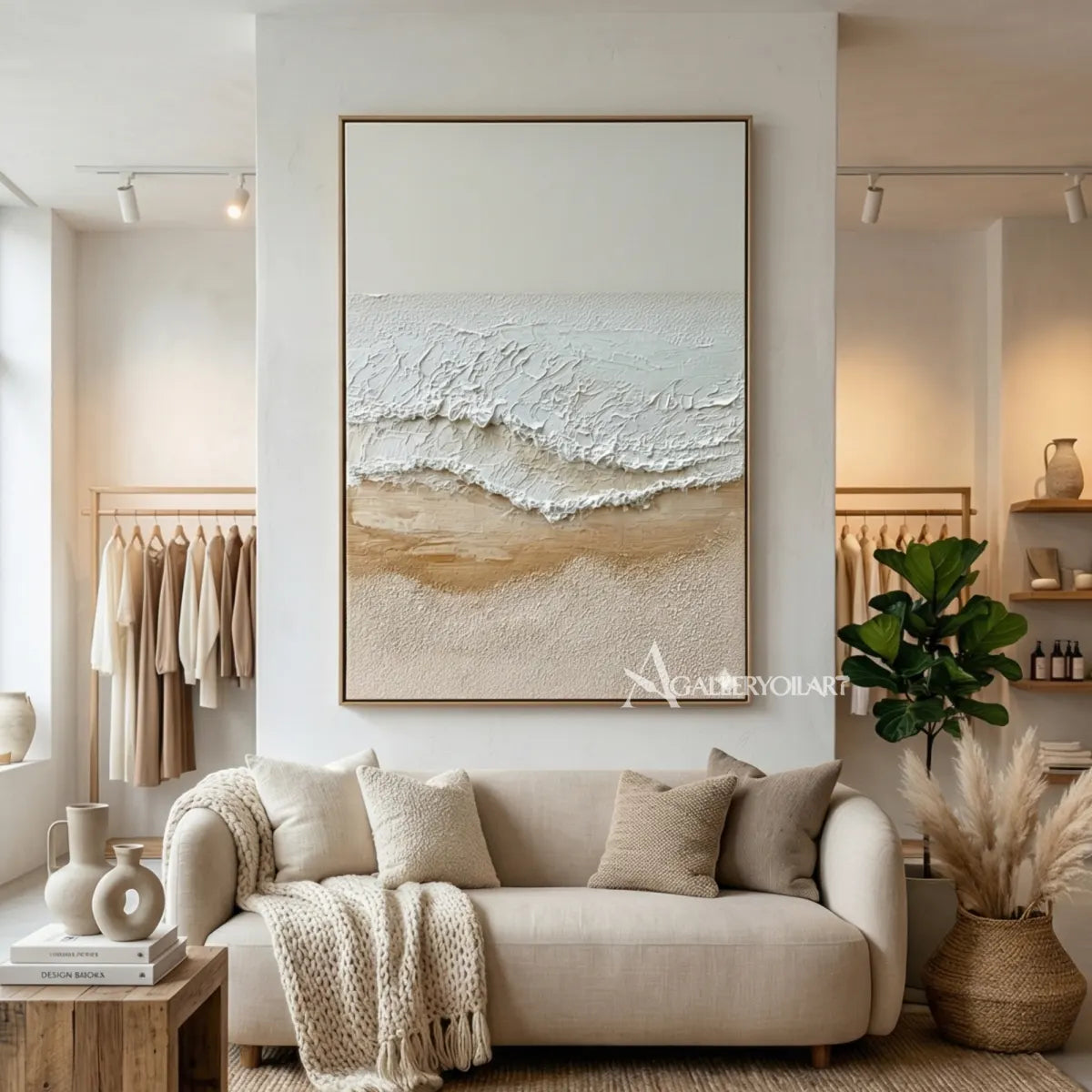 Textured-beige-tidal-shoreline-sea-beach-wall-art-in-a-bedroom
