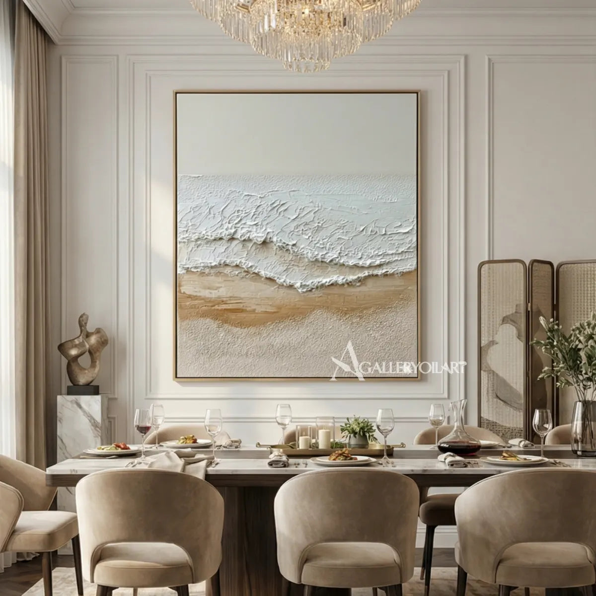 Textured-beige-tidal-shoreline-sea-beach-wall-art-in-a-dining-room
