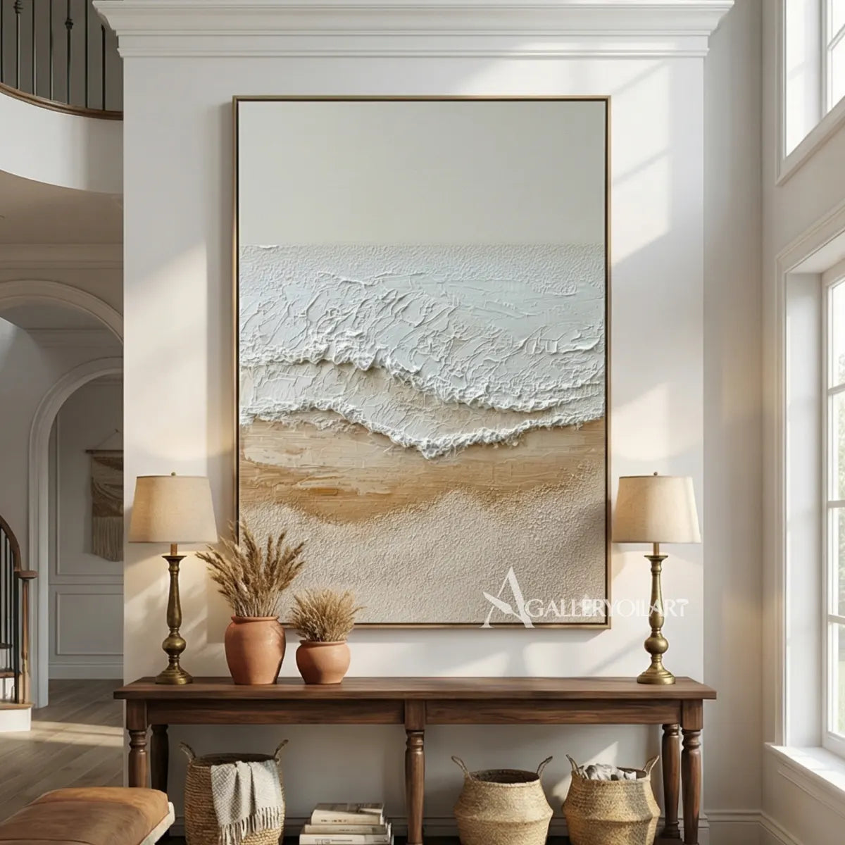 Textured-beige-tidal-shoreline-sea-beach-wall-art-in-a-living-room