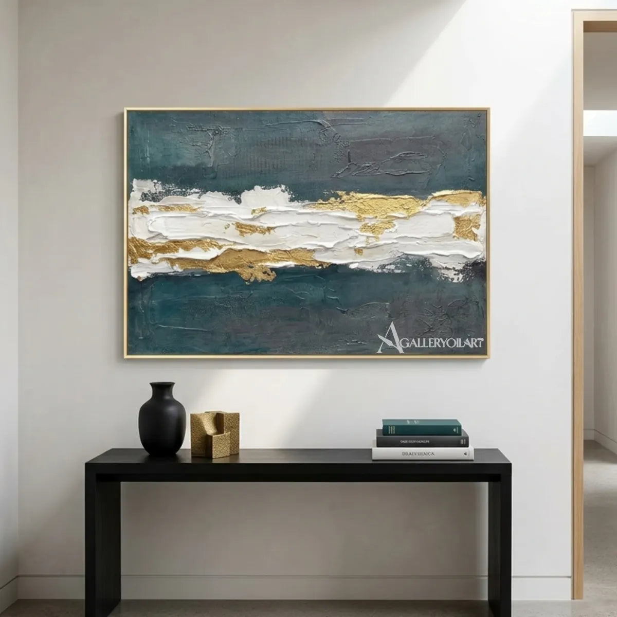 Textured-3D-layered-tidal-strata-in-blue-and-white-with-gold-accents-in-a-hallway