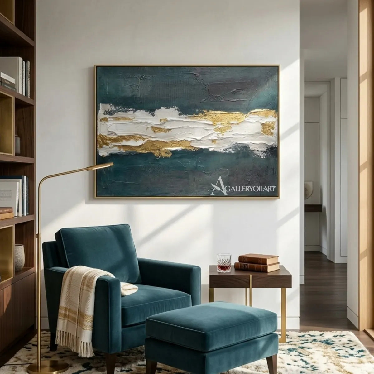 Textured-3D-layered-tidal-strata-in-blue-and-white-with-gold-accents-in-a-living-room