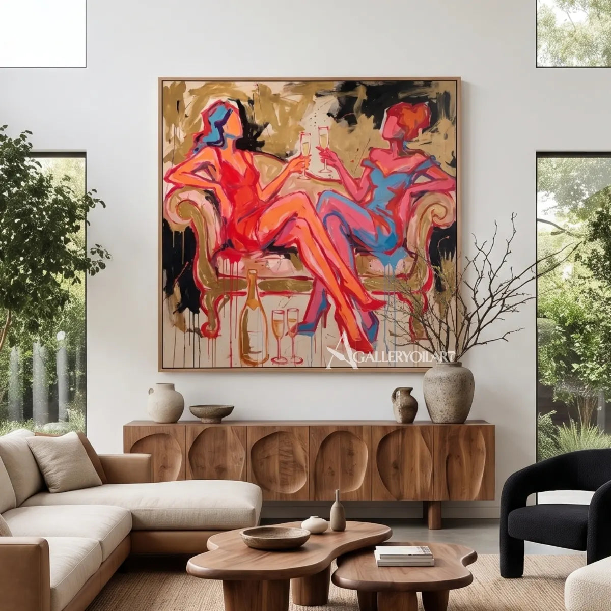 Pop-Art-toasting-figures-in-a-contemporary-double-height-room-with-red-orange-and-blue-brushwork