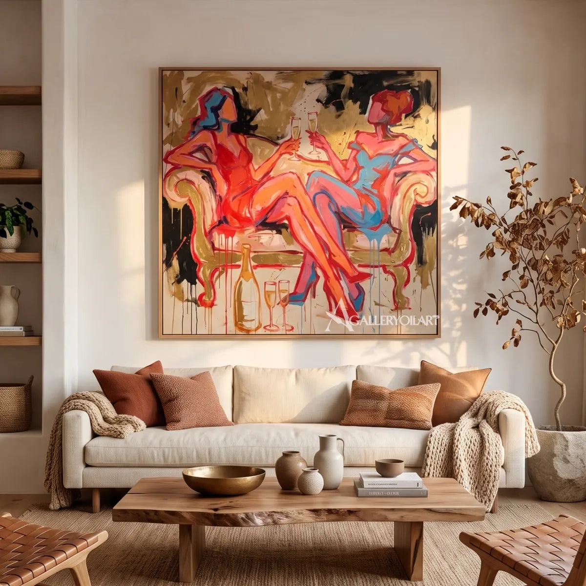 Pop-Art-toasting-figures-in-a-contemporary-gathering-space-with-red-orange-and-blue-brushwork