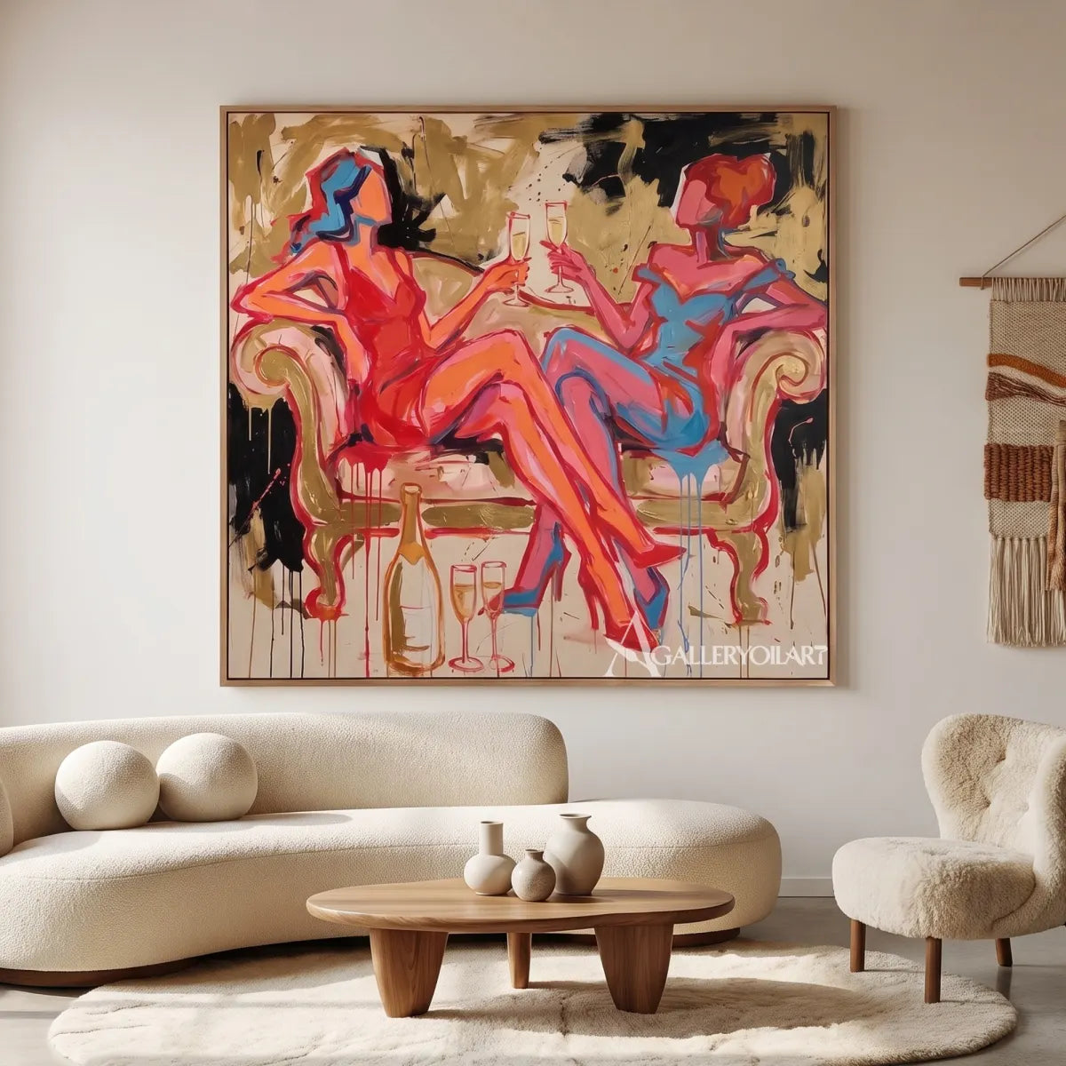 Pop-Art-toasting-figures-in-a-minimalist-gallery-with-red-orange-and-blue-brushwork