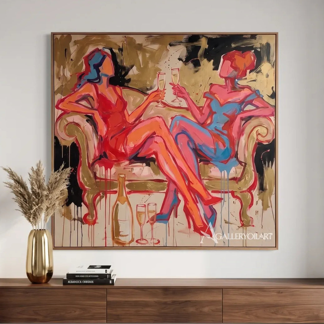 Pop-Art-toasting-figures-close-up-with-red-orange-and-blue-impasto-brushwork