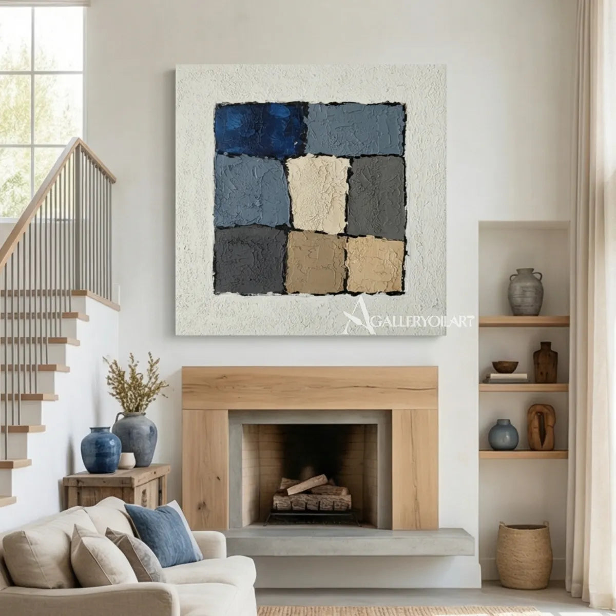 Textured-tonal-block-Abstract-Blue-wall-art-in-a-living-room