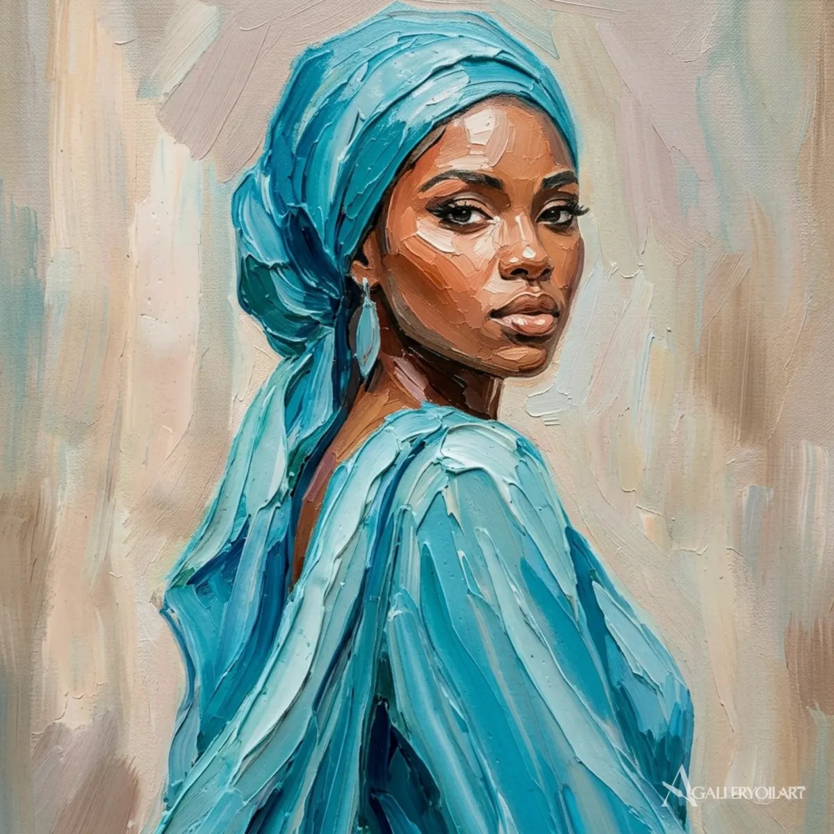 Woman-in-a-flowing-turquoise-headwrap-and-dress-in-portrait-art-blue-living-room
