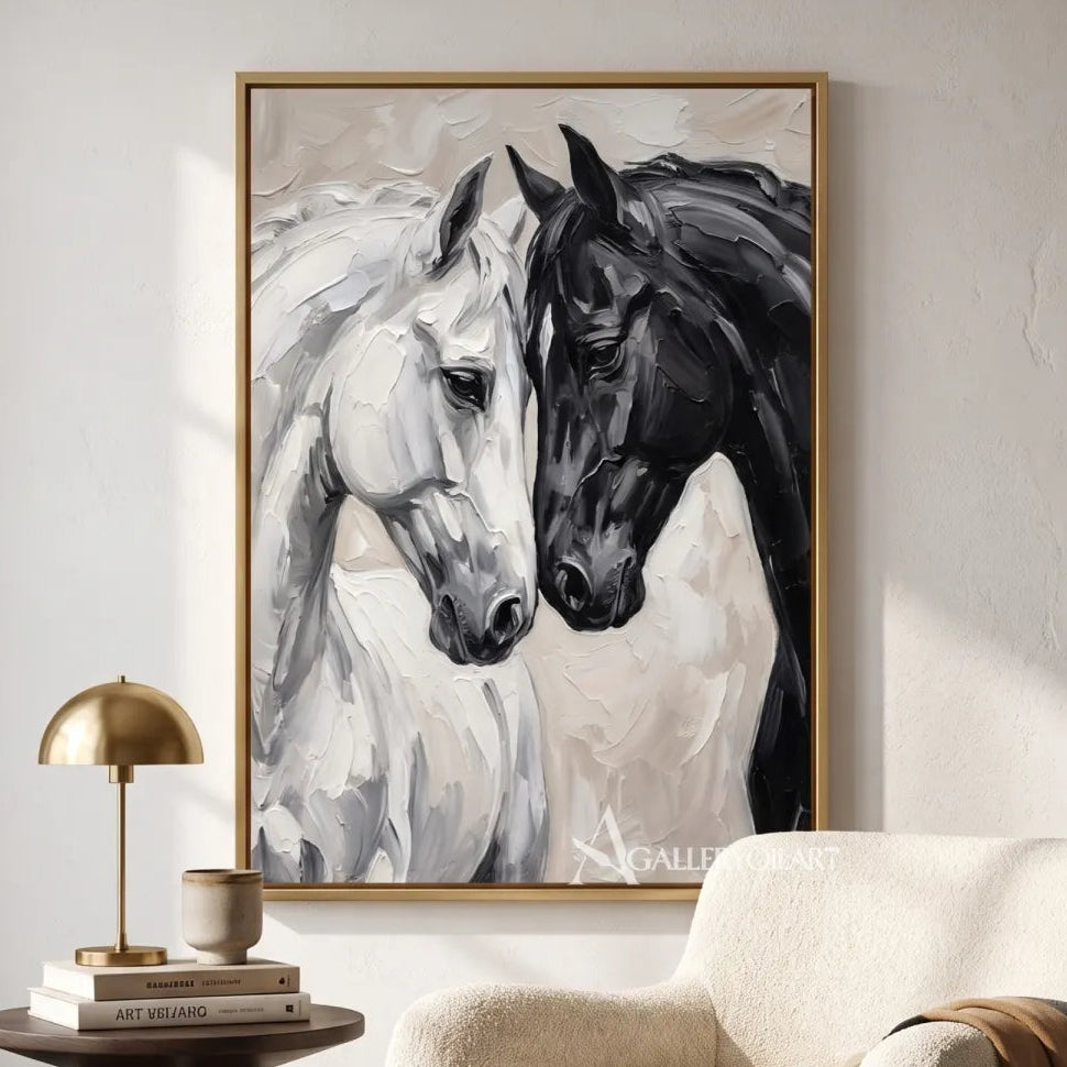 two horses meeting in a close, attentive portrait-animal-black-gallery-room