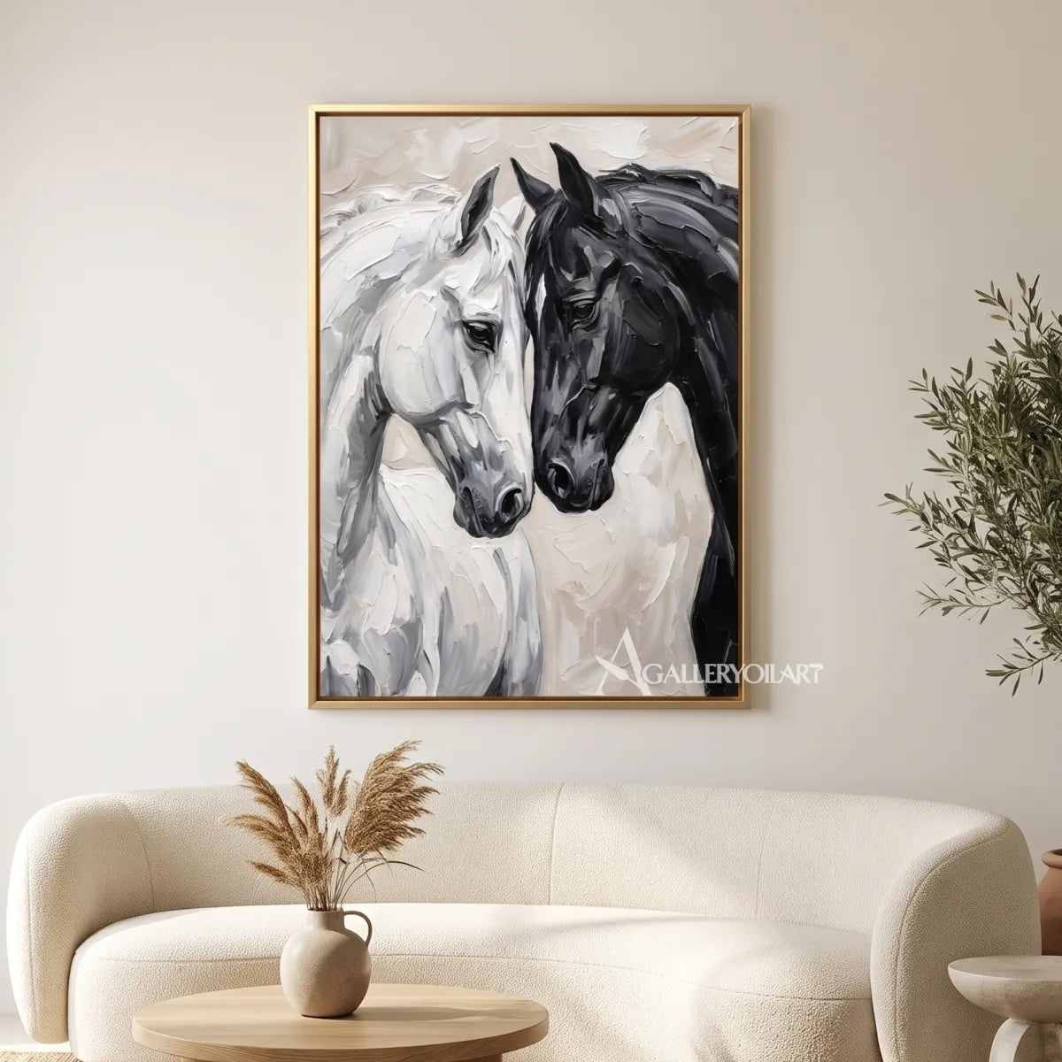 two horses meeting in a close, attentive portrait-animal-black-styled-interior