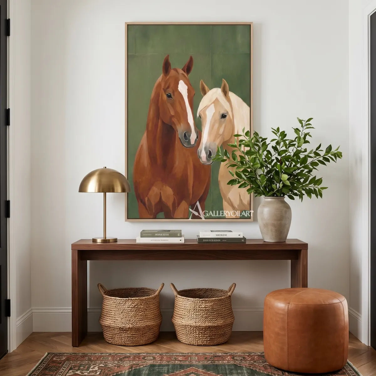 Animal art portrait of two horses in a calm green setting-in-entryway