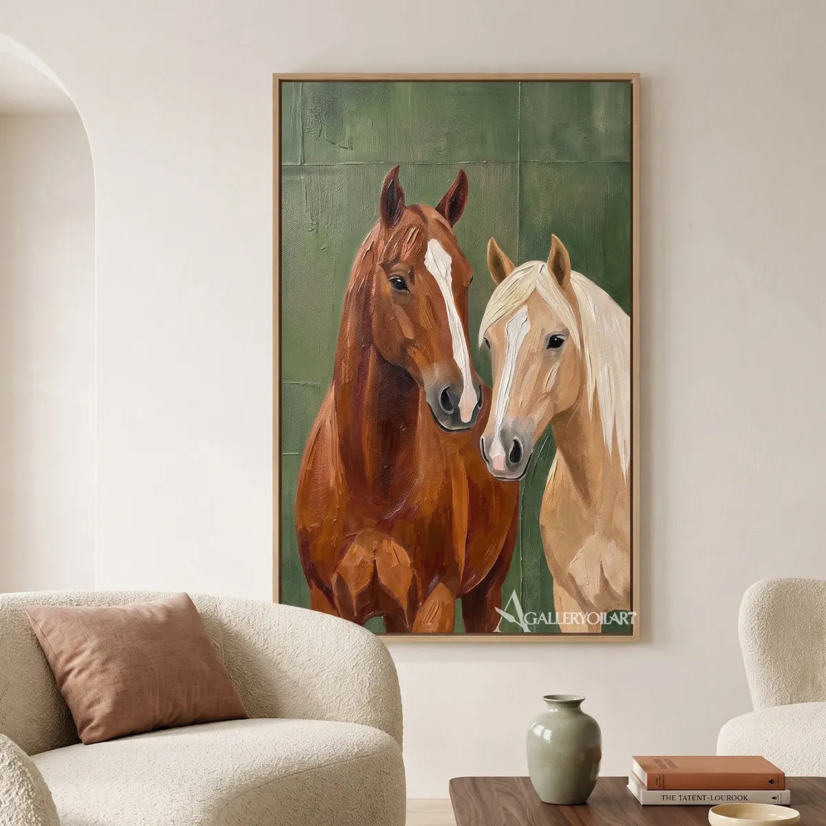 Animal art portrait of two horses in a calm green setting-in-minimalist-living-room