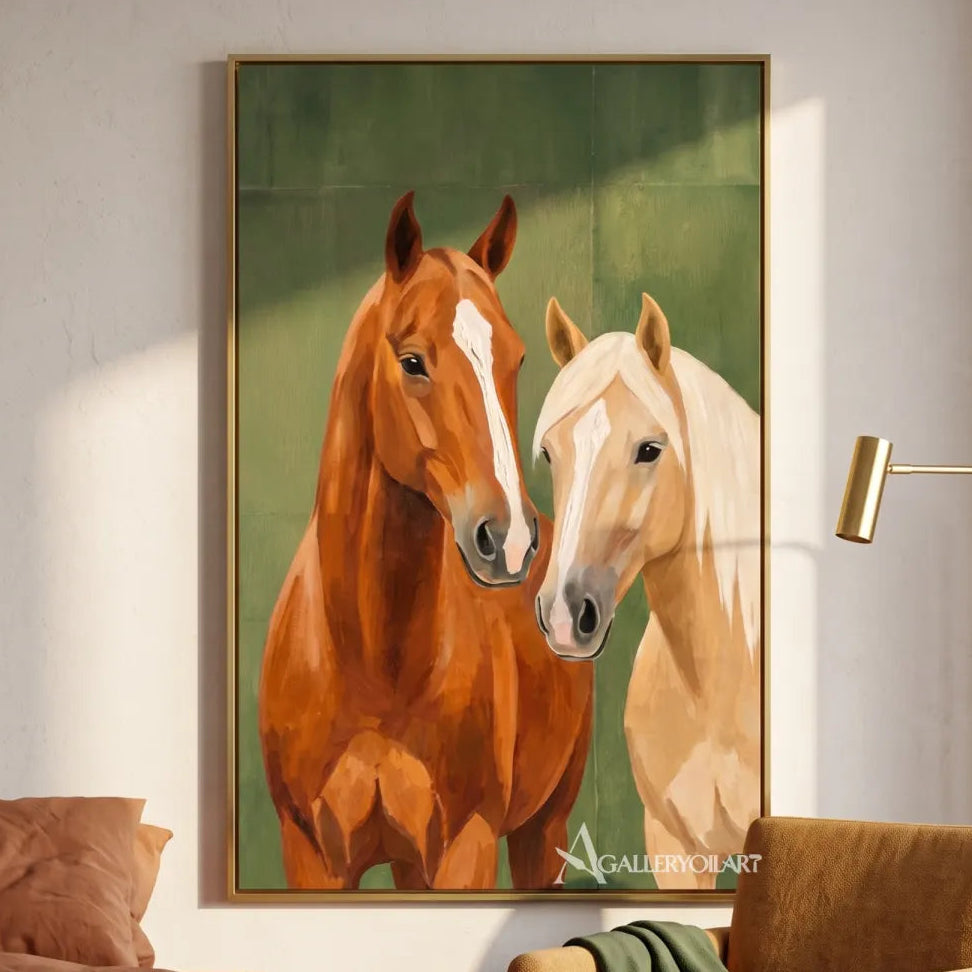 Animal art portrait of two horses in a calm green setting-in-reading-nook