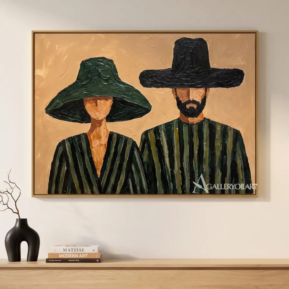 portrait-art-painting-of-two-figures-in-wide-brimmed-hats-with-olive-green-and-black-clothing-in-a-console-room