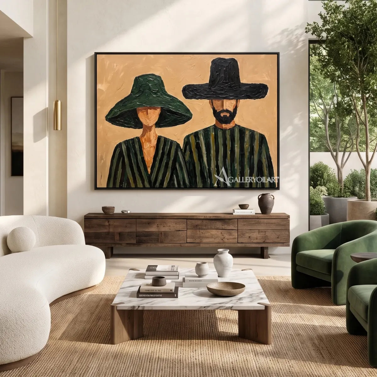 portrait-art-painting-of-two-figures-in-wide-brimmed-hats-with-olive-green-and-black-clothing-in-a-living-room