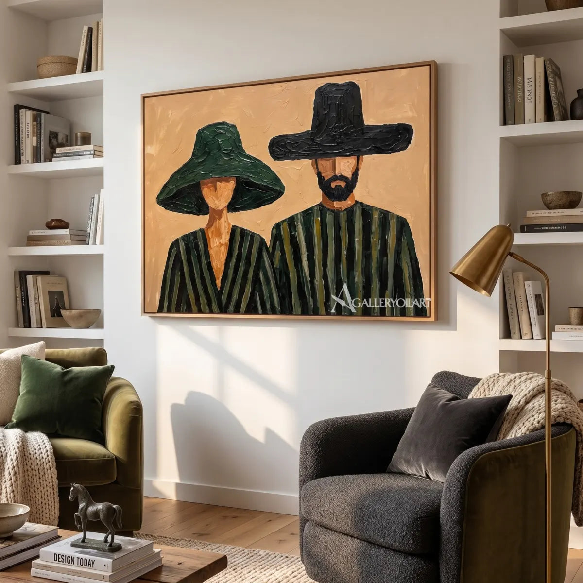 portrait-art-painting-of-two-figures-in-wide-brimmed-hats-with-olive-green-and-black-clothing-in-a-reading-room