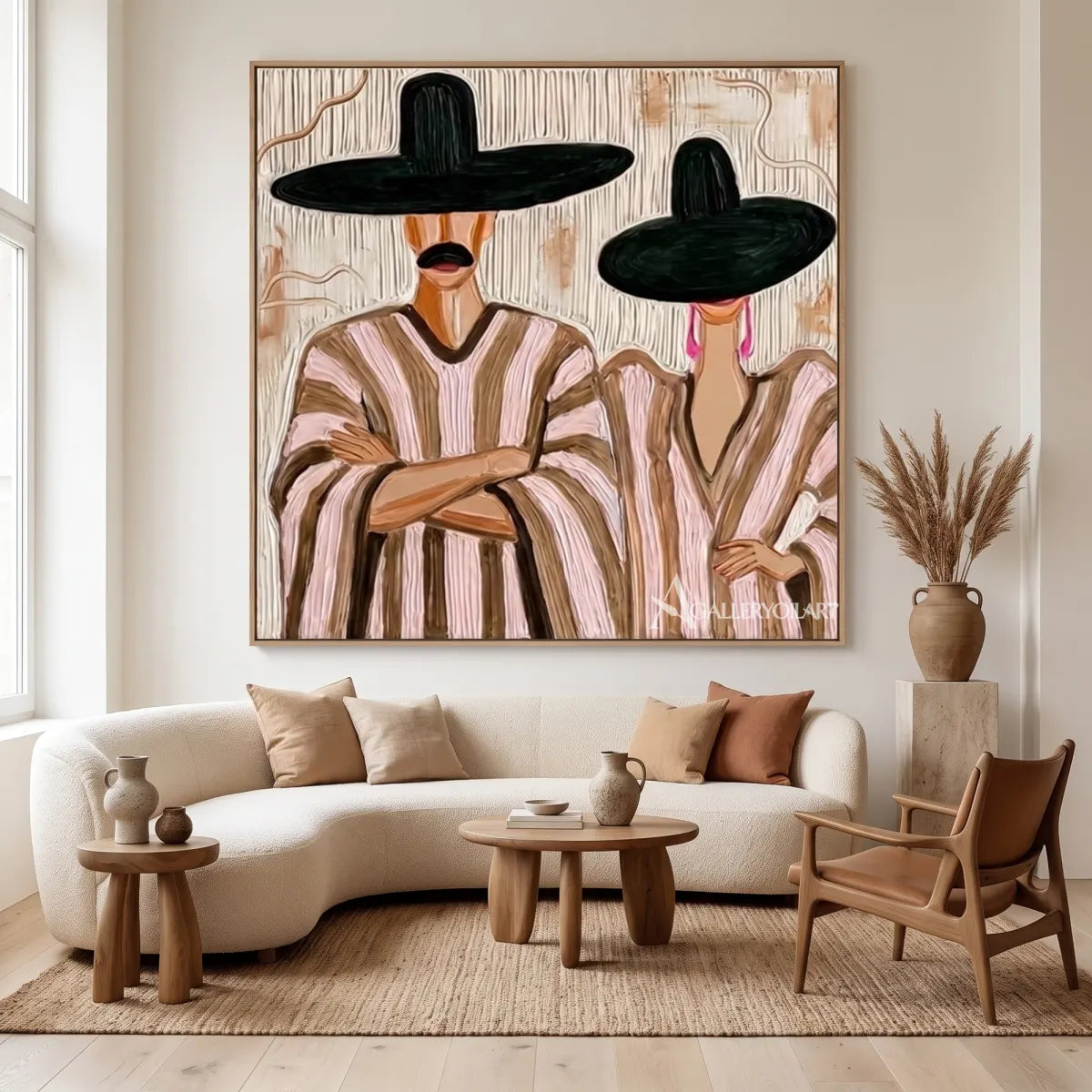 Two-hatted-figures-in-a-textured-earth-tone-portrait-painting-in-a-gallery-style-lounge