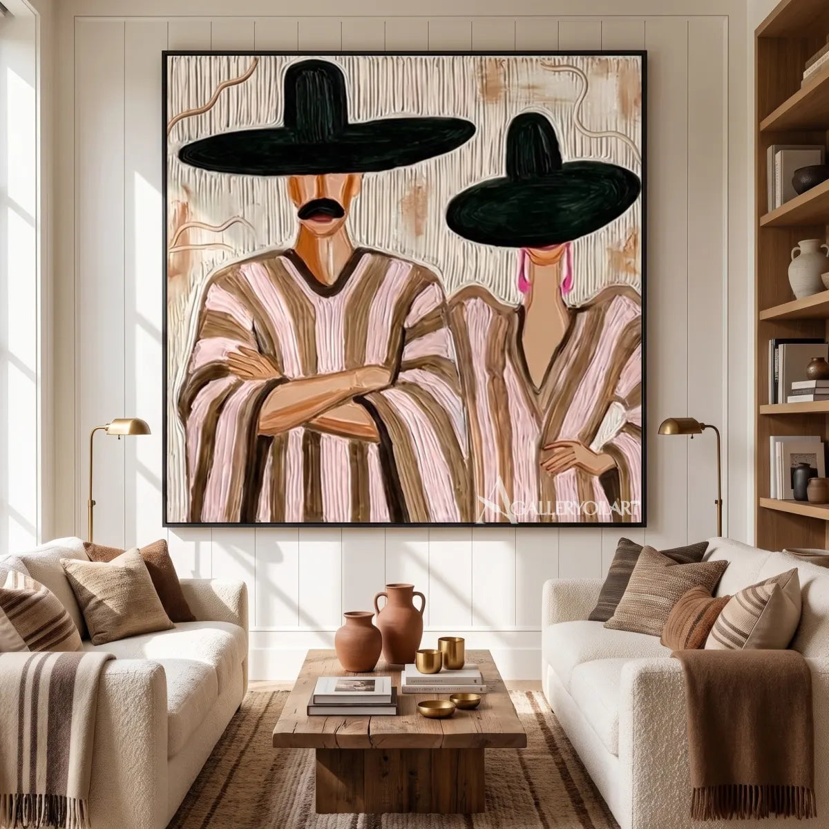 Pair-of-figures-under-wide-brims-in-a-muted-beige-portrait-painting-in-a-private-reading-room