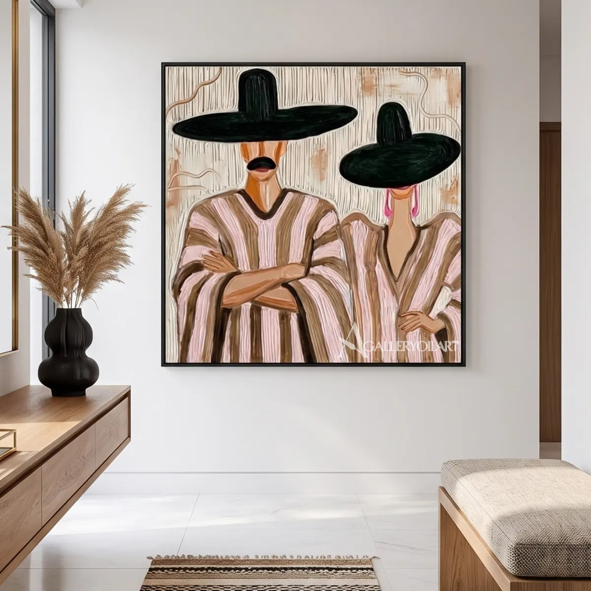 Portrait-of-two-figures-wearing-striped-ponchos-and-wide-hats-in-a-transitional-entryway