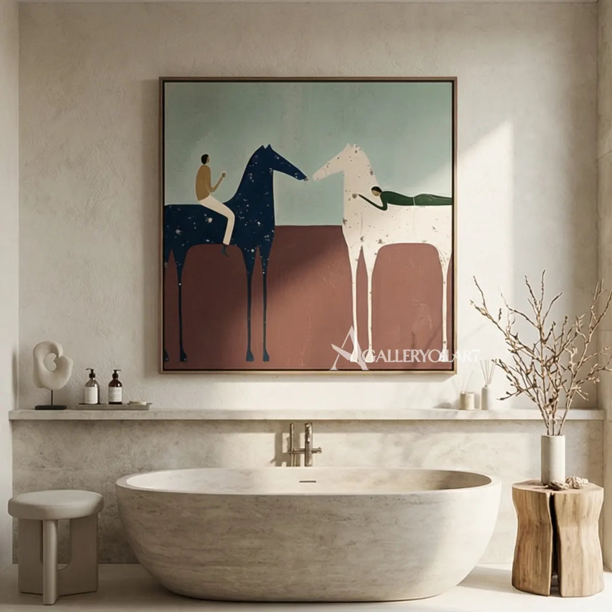 Western-cowboy-art-of-a-rider-on-a-blue-horse-meeting-a-pale-horse-across-a-rust-brown-field-in-a-bathroom