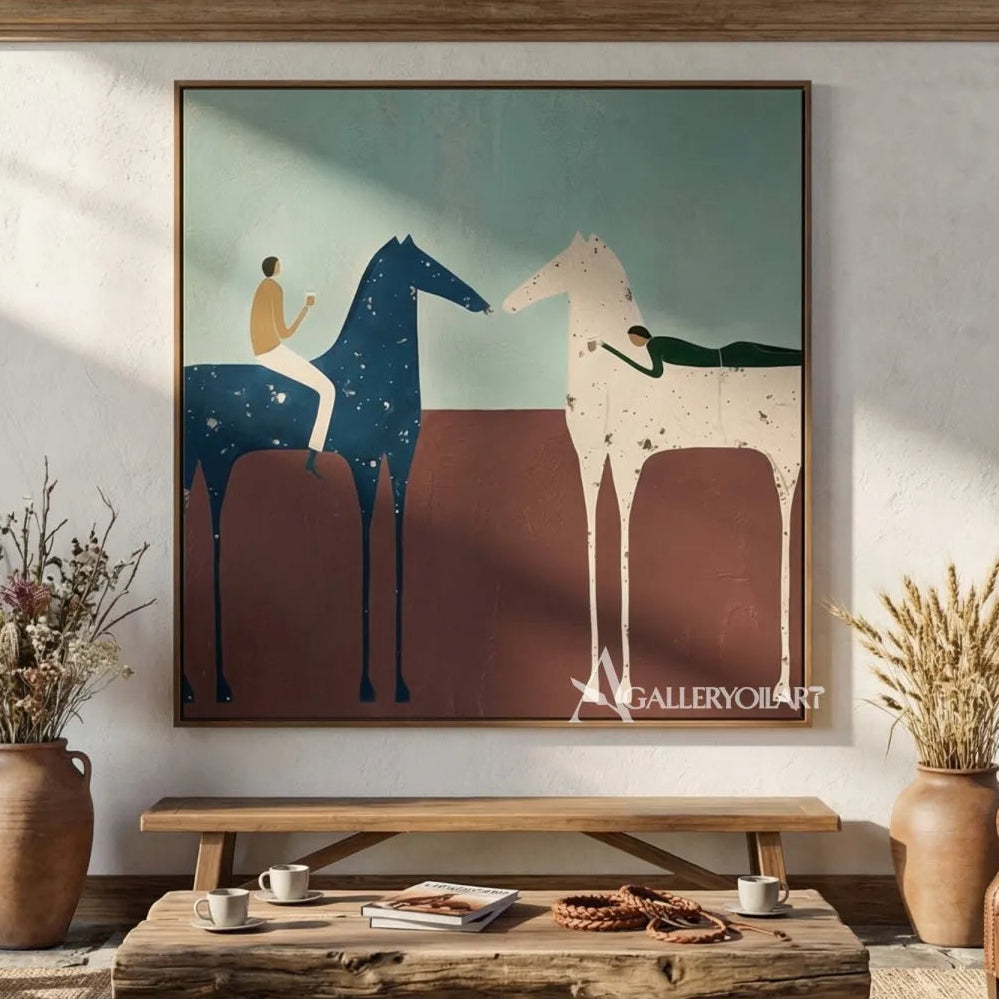 Western-cowboy-art-of-a-rider-on-a-blue-horse-meeting-a-pale-horse-across-a-rust-brown-field-above-a-bench
