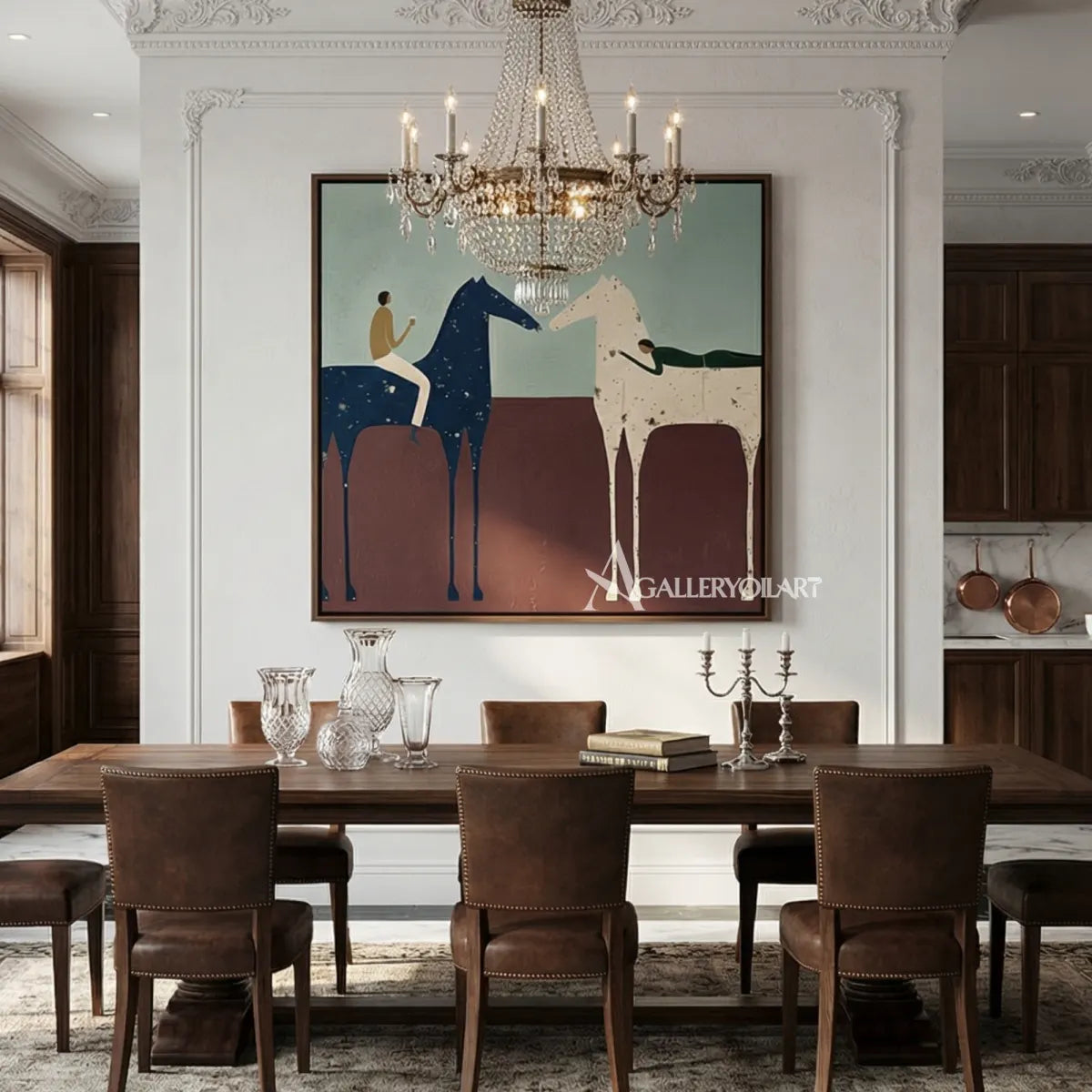 Western-cowboy-art-of-a-rider-on-a-blue-horse-meeting-a-pale-horse-across-a-rust-brown-field-in-a-chandelier-lit-room