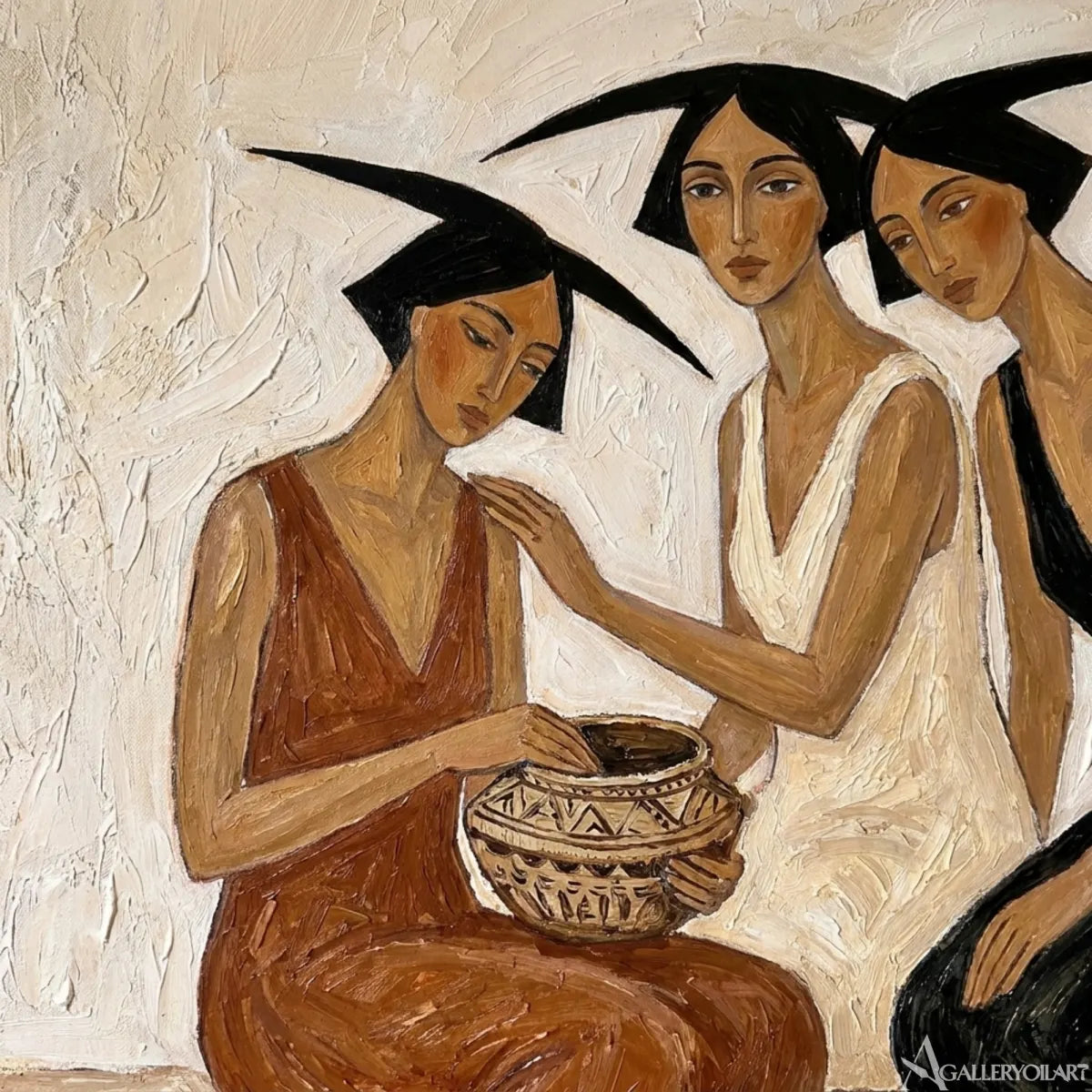 two-seated-women-gathered-around-a-patterned-bowl-in-beige-portrait-art-displayed-in-a-painted-detail