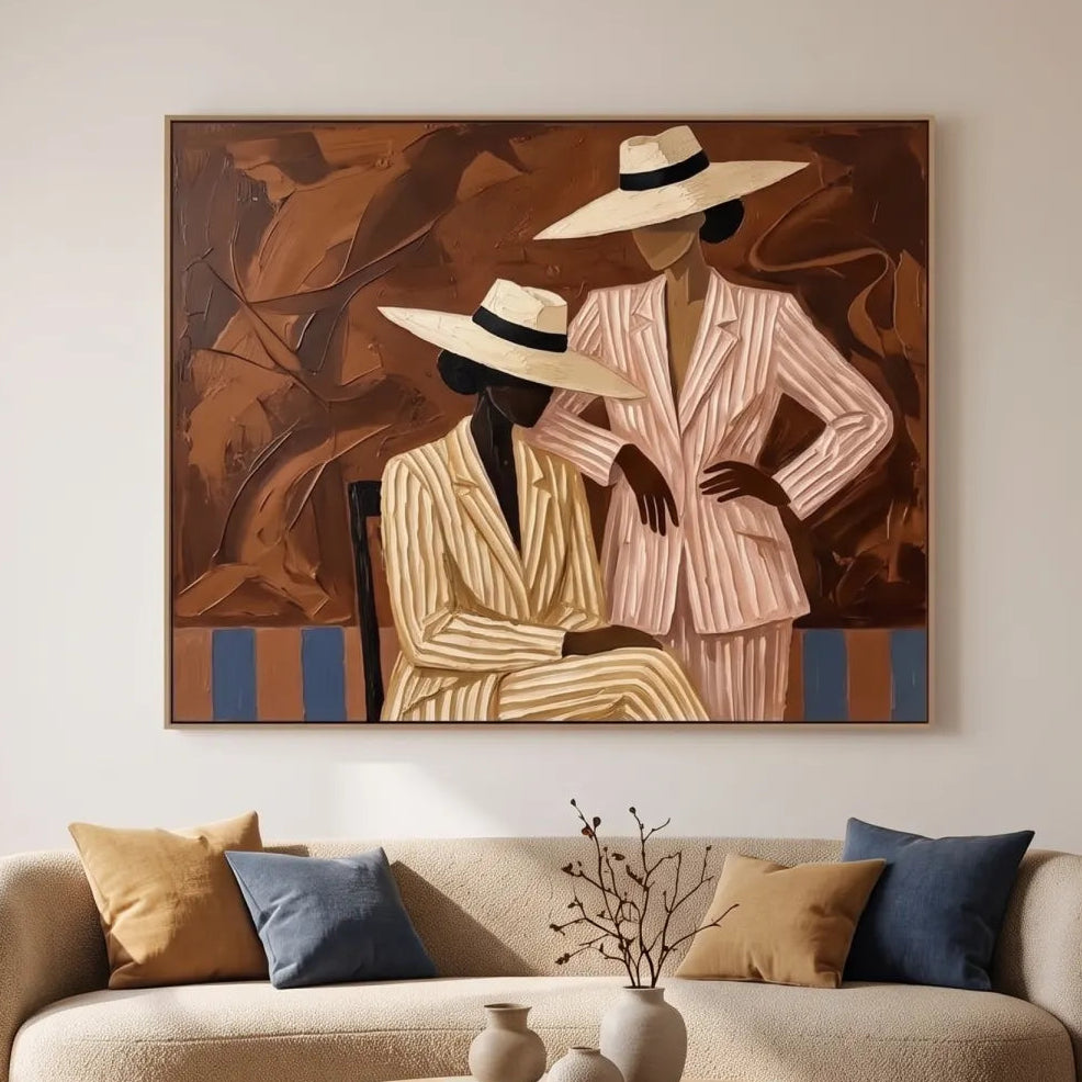 Two-women-in-portrait-art-cream-and-brown-in-a-gallery