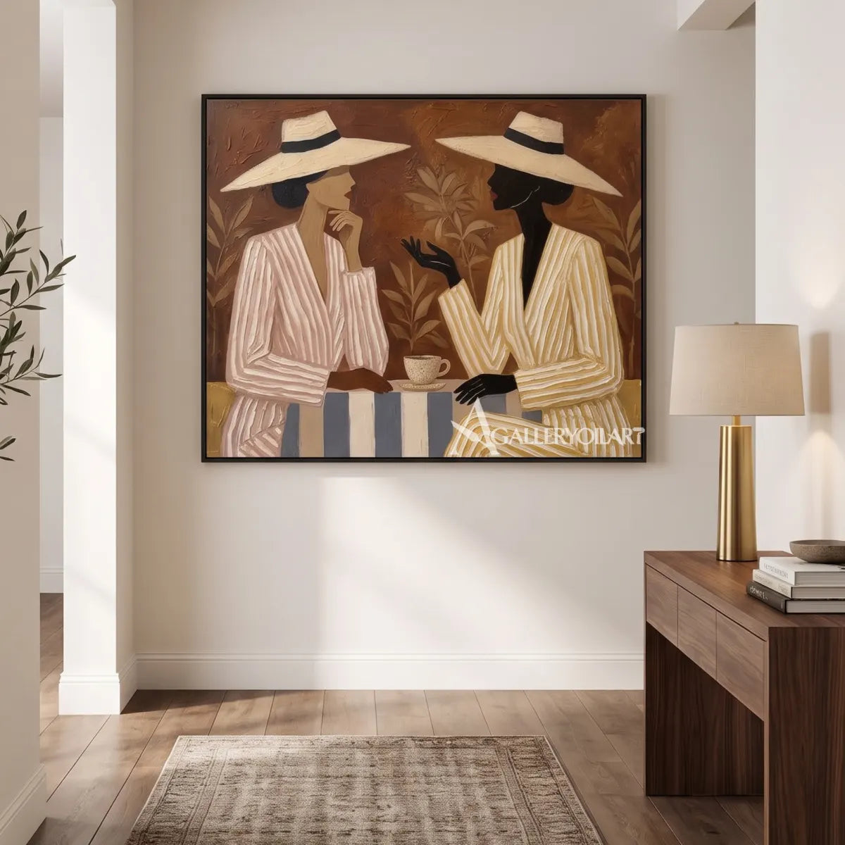 Two-hatted-women-at-a-table-in-a-beige-portrait-painting-hung-in-a-transitional-corridor