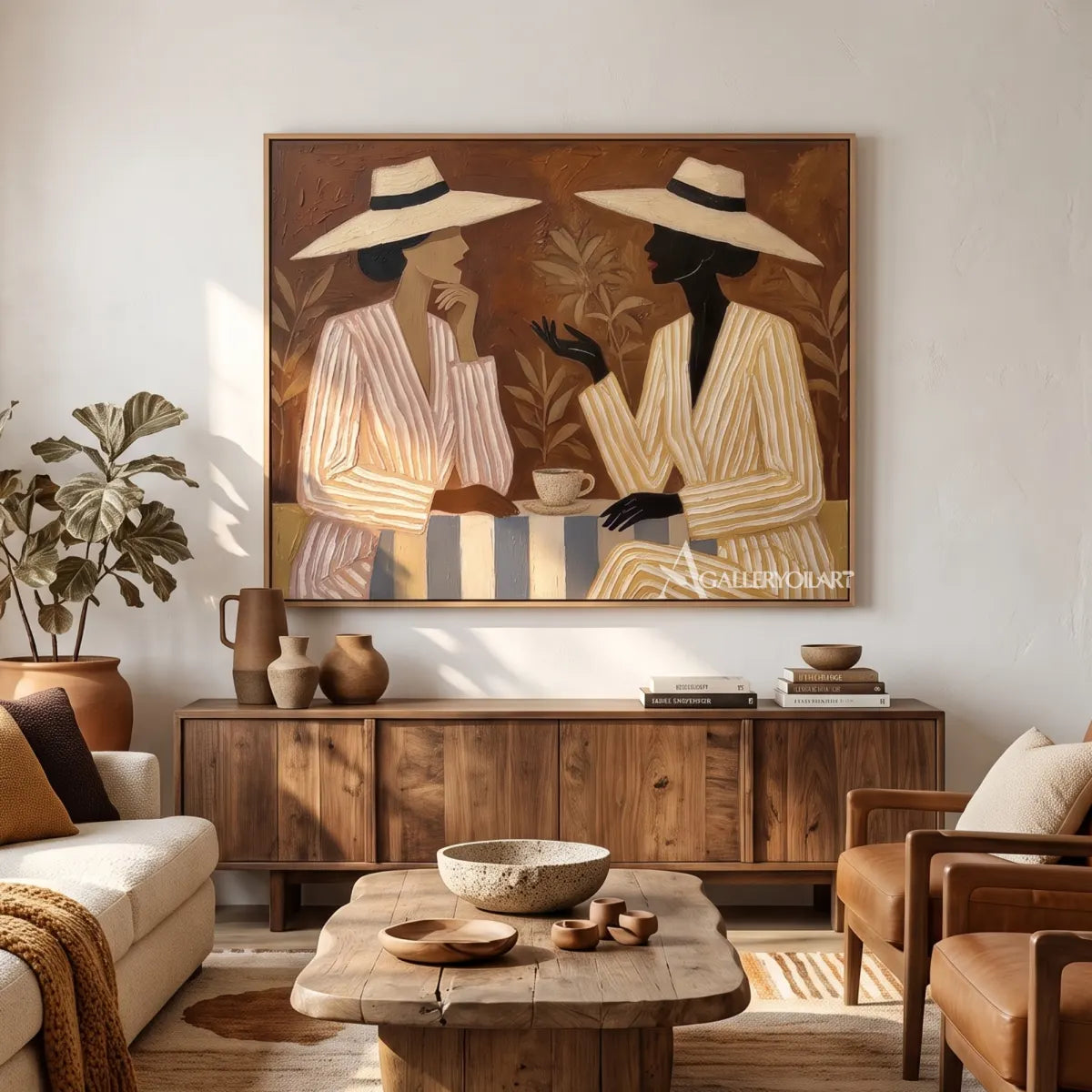 Two-women-facing-across-a-table-in-a-neutral-toned-portrait-painting-in-a-contemporary-gathering-room