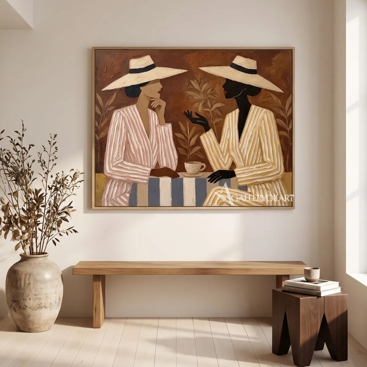 Two-hatted-women-at-a-table-in-a-soft-beige-portrait-painting-in-a-minimalist-room