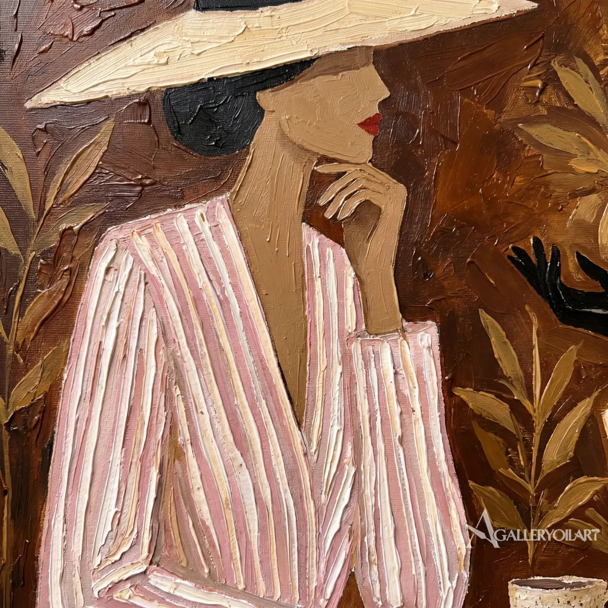 Close-up-of-striped-clothing-and-brushwork-in-a-beige-portrait-painting-of-two-women