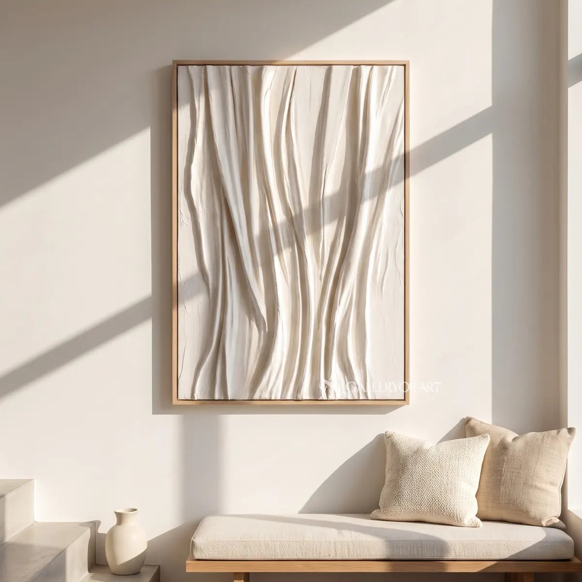 Textured 3D vertical draped rhythm in white relief in a gallery wall
