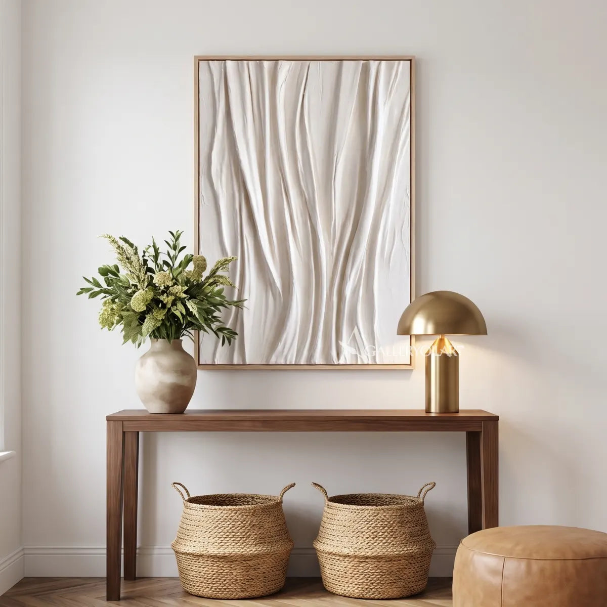Textured 3D vertical draped rhythm in white relief in a modern entryway