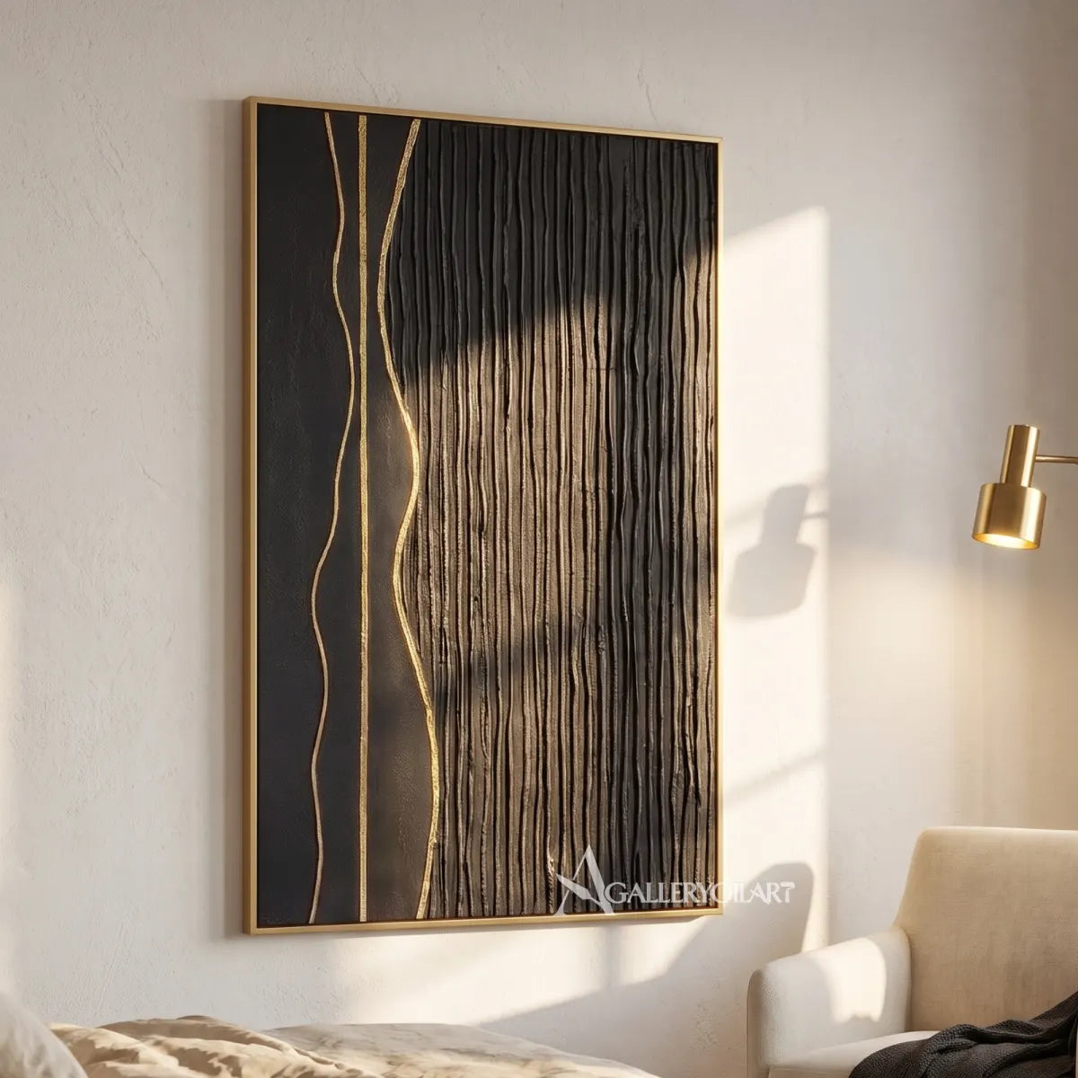 Textured 3D vertical ribbons in black and metallic neutral relief-in-bedroom-reading-nook