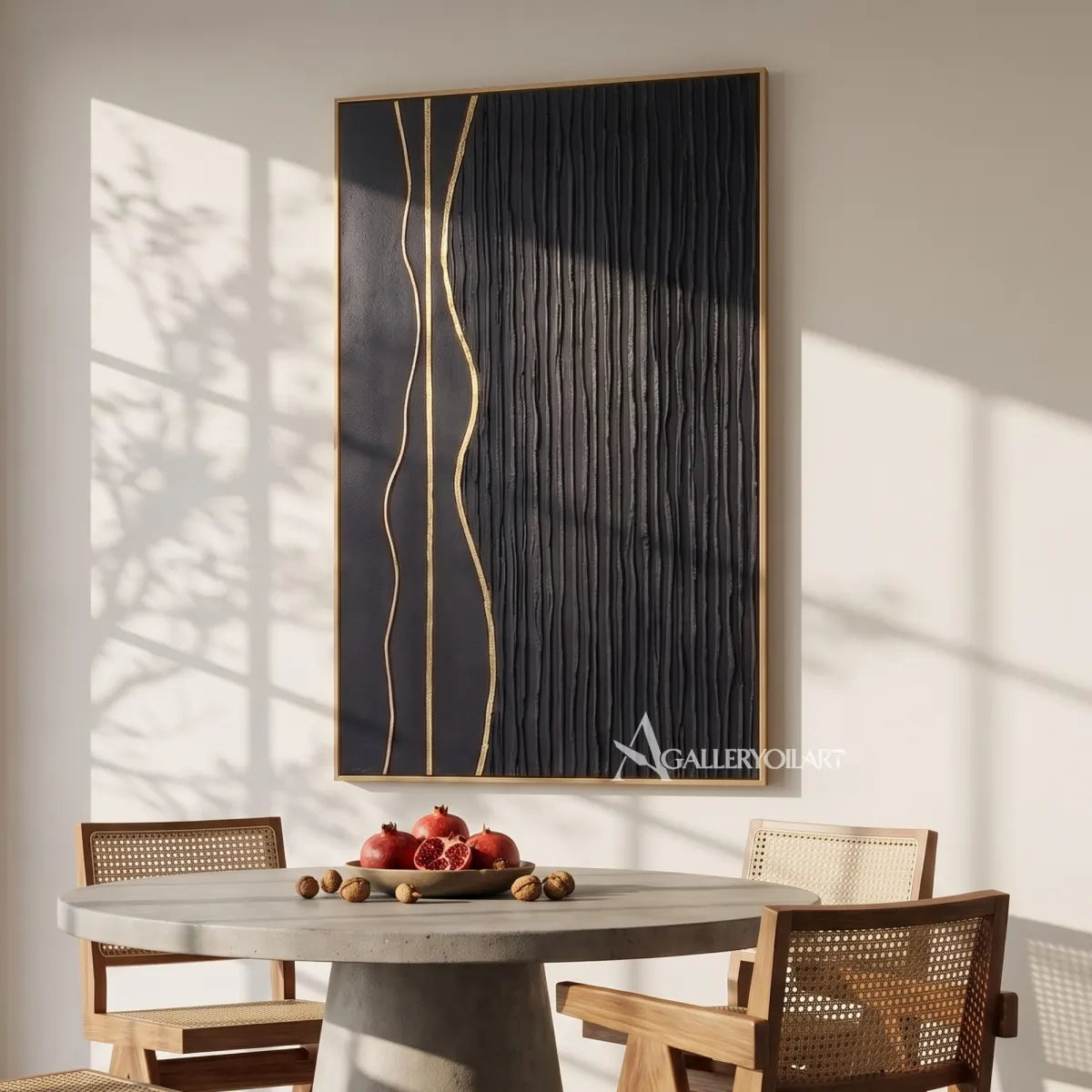 Textured 3D vertical ribbons in black and metallic neutral relief-in-dining-space
