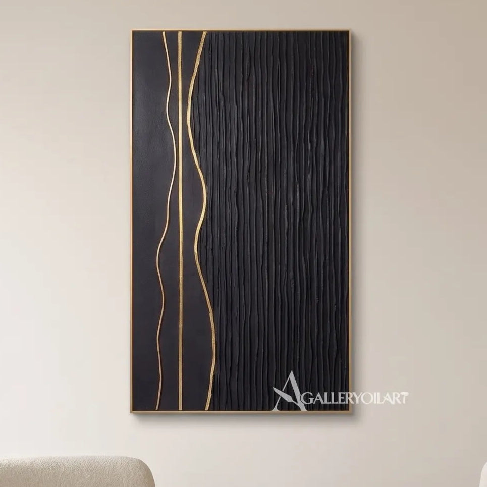 Textured 3D vertical ribbons in black and metallic neutral relief-in-minimalist-living-room