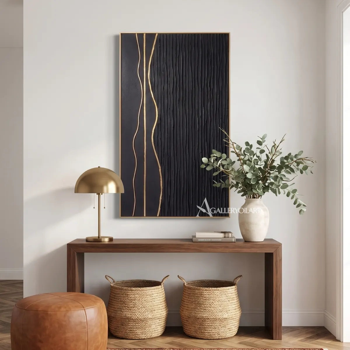 Textured 3D vertical ribbons in black and metallic neutral relief-in-modern-entryway