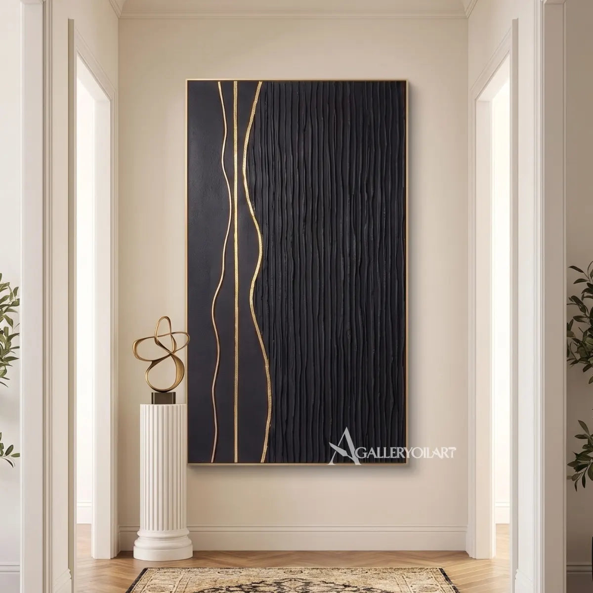 Textured 3D vertical ribbons in black and metallic neutral relief-in-modern-hallway