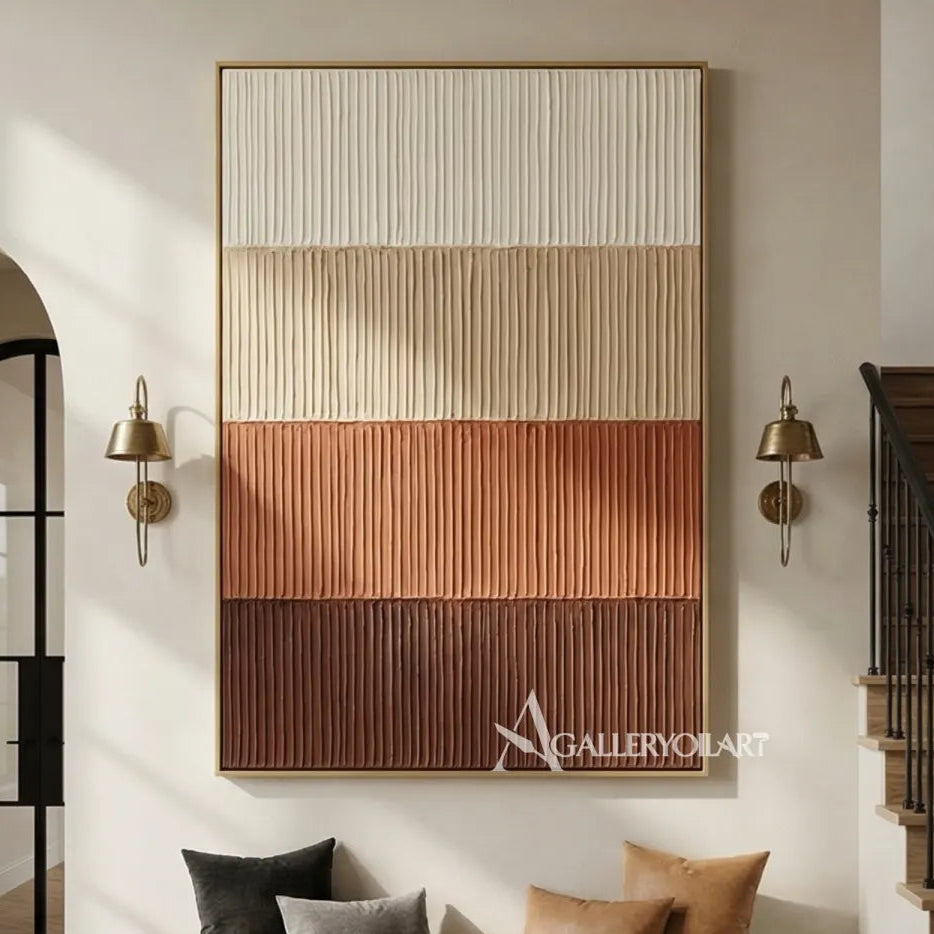 vertical-abstract-art-cream-terracotta-and-brown-ribbed-bands-in-a-hallway