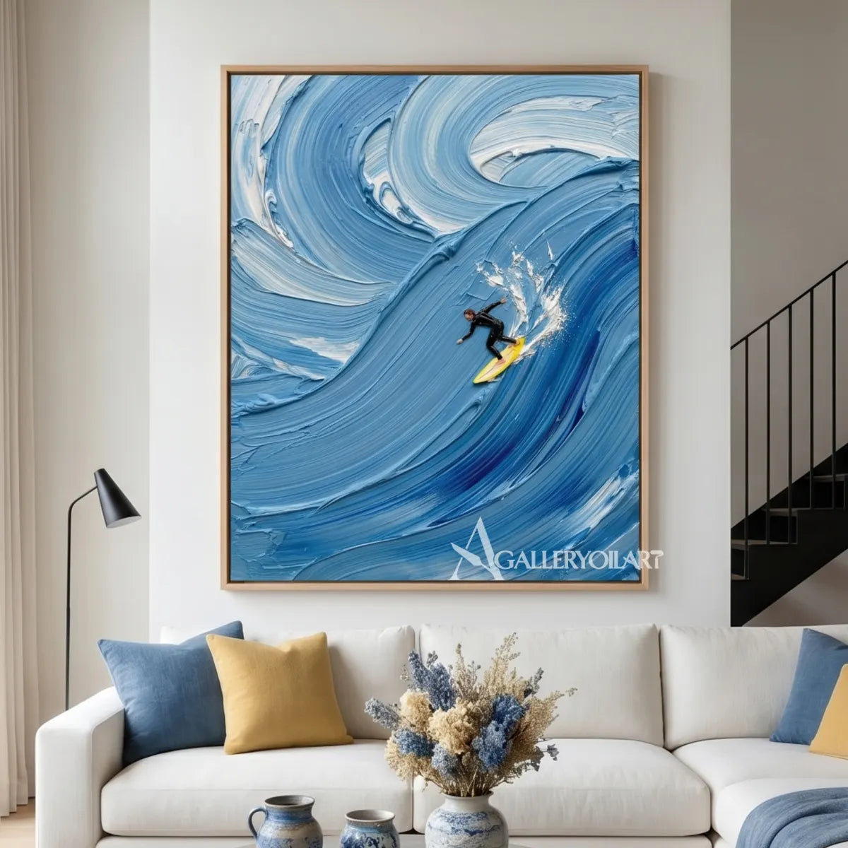 Wavebound-surfer-sea-beach-art-close-view-in-blue