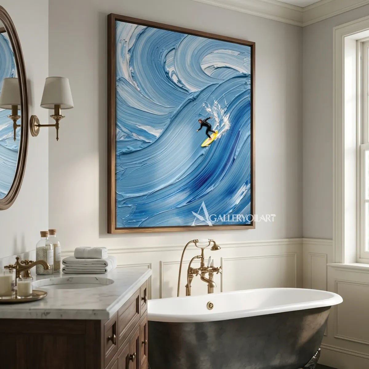 Wavebound-surfer-sea-beach-art-in-blue-in-a-living-room