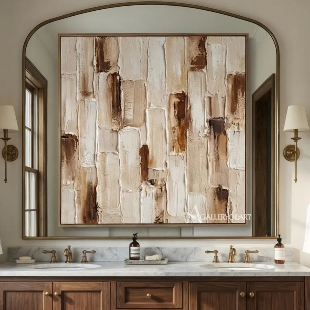 textured-3d-weathered-abstract-blocks-cream-sand-beige-warm-brown-and-rust-wall-art-in-bathroom