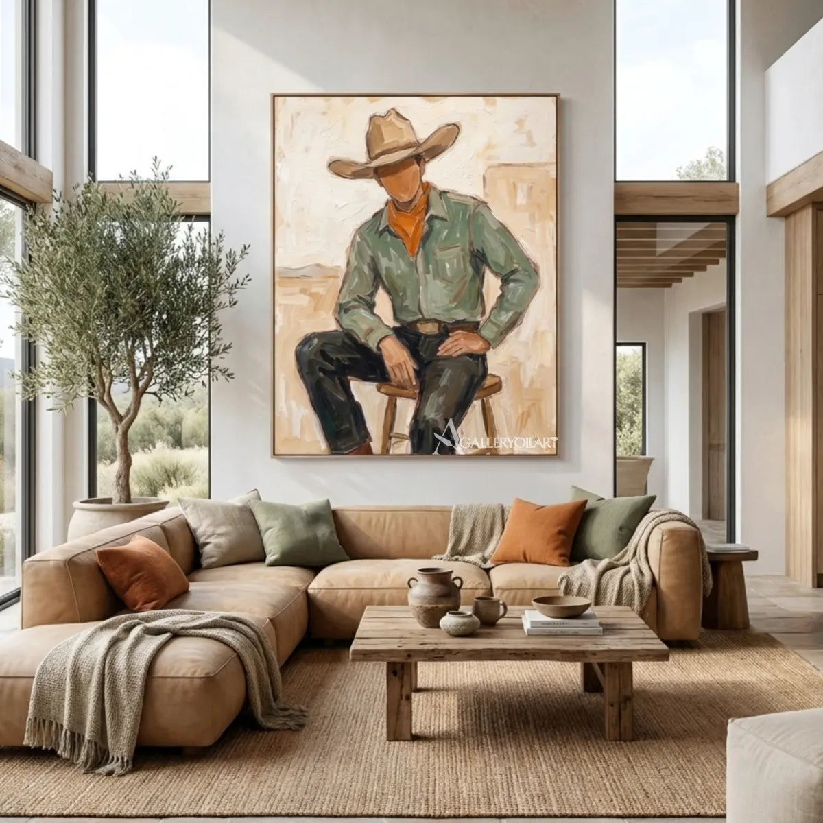 a-seated-cowboy-in-a-ranch-hat-western-cowboy-green-wall-art-in-a-contemporary-interior