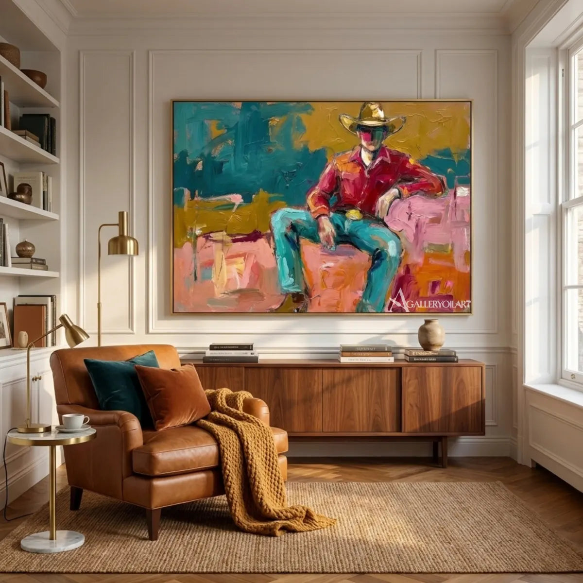 a-seated-cowboy-in-a-broad-brimmed-hat-western-cowboy-red-wall-art-in-a-contemporary-interior