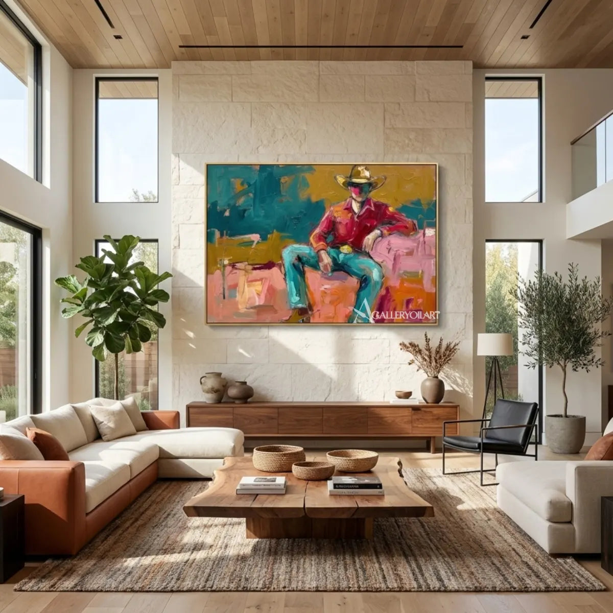 a-seated-cowboy-in-a-broad-brimmed-hat-western-cowboy-red-wall-art-in-a-gathering-room